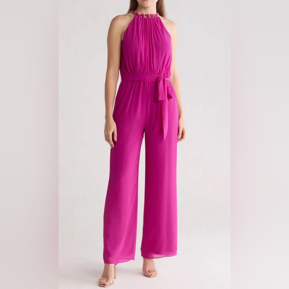 Marina NWT Chain Halter Neck Crepe Jumpsuit in Magenta
